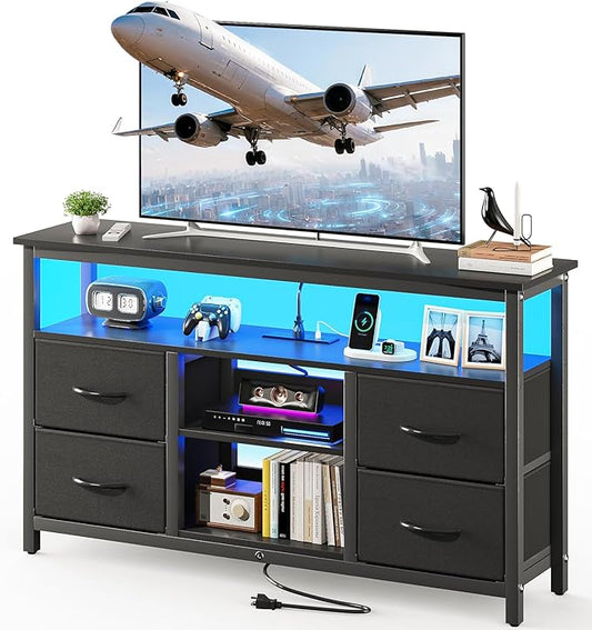 Haewon Black TV Stand with LED Lights and Power Outlets, Entertainment Center for 55 inch TV, Media Console Table with 4 Fabric Drawers and Open Shelf for Living Room, Wood Top and Metal Frame