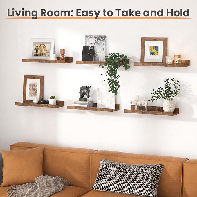 upsimples Floating Shelves for Wall, Wall Shelves for Decor Storage Set of 6, Wall Mounted Wood Shelf for Bedroom, Living Room, Bathroom, Kitchen, Picture Ledge Shelf, Brown