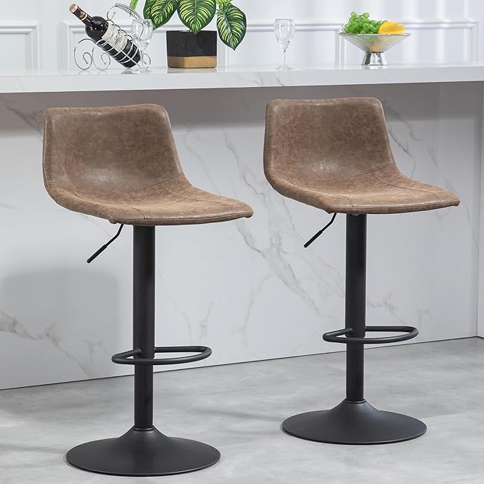Finnhomy Bar Stools Set of 2, Swivel Adjustable Height Bar Chairs with Footrest & L-Shape Back, Vintage Leather Counter Stools for Kitchen Island, Home Bar, Retro Brown (24"-32" Height Adjustable)