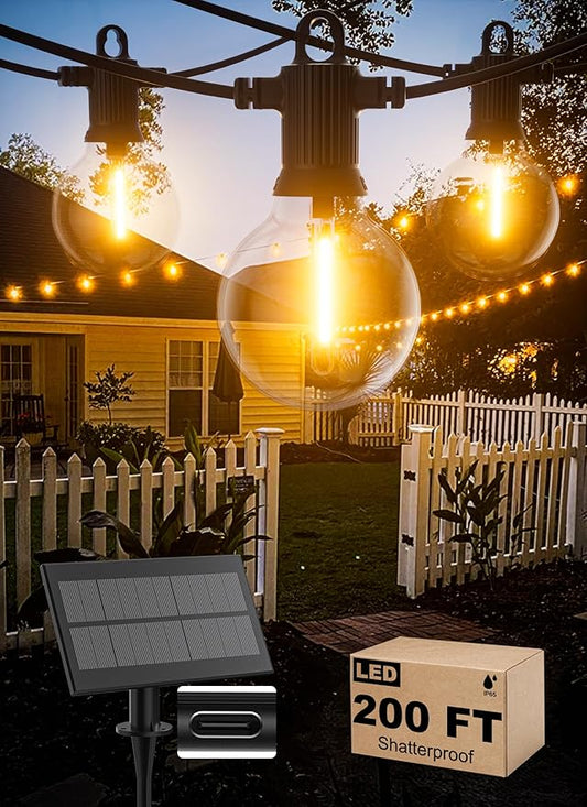 Solar String Lights Outdoor Waterproof 200FT with USB Port and 100 Shatterproof G40 Bulbs(3 Spare), LED Solar Powered Patio Lights for Outside, Porch, Backyard, Gazebo, Garden(Warm White)