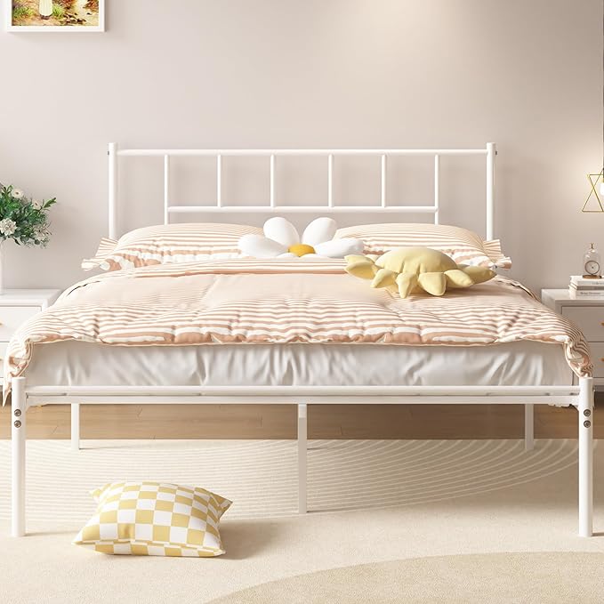 VECELO Full Metal Platform Bed Frame with Headboard, Heavy Duty Steel Slat Support, Under Bed Storage,No Box Spring Needed, Easy Assembly