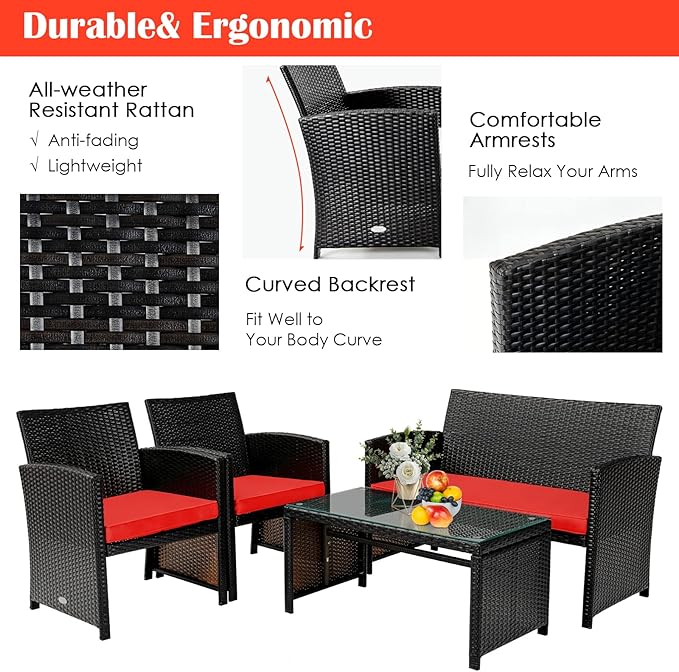 Tangkula 4 Pieces Rattan Furniture Set, Outdoor Conversation Set w/Chair & Loveseat & Tempered Glass Coffee Table, Suitable for Garden, Backyard, Poolside, Patio Furniture Set for 4 (1, Red)