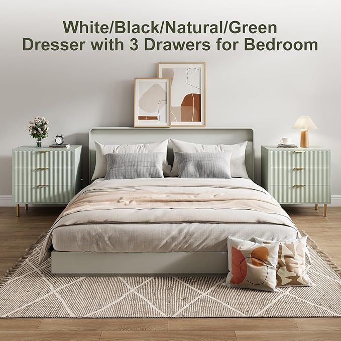 IDEALHOUSE Green Dresser, Modern 3 Drawer Dresser for Bedroom with Gold Handle and Large Drawer, Wood Double Chest of Drawers and Storage Organizer for Living Room, Hallway, Entryway