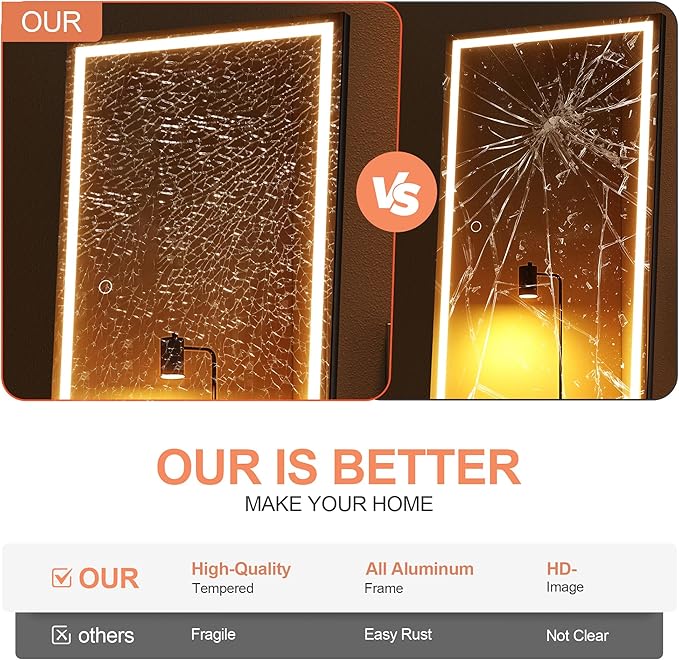 Full Length Mirror with Lights, 56" x 16" LED Lighted Floor Standing Body Mirror, Dimmable & 3 Color Lighting for Bedroom, Cloakroom, Dressing Room, Tempered Glass, Square Black