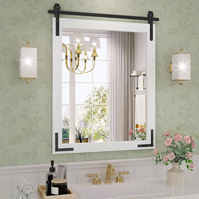Farmhouse Bathroom Mirror, 24x32 Inch White Vanity Mirror for Wall, Wood Framed Rustic Mirror Rectangular Wall Decor Mirrors for Entryway Living Room Bedroom