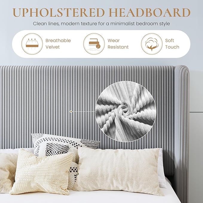 SHA CERLIN Full Size Corduroy Upholstered Platform Bed Frame with Vertical Channel Tufted Wingback Headboard, 8" Under Bed Storage, Wooden Slats & Metal Frame Support, Easy Assembly, Light Grey