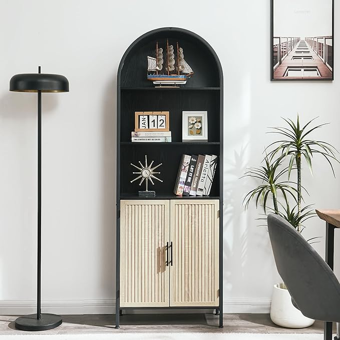Arched Bookcase Book Shelf with Doors, 5 Tier Display Bookshelf Tall Cabinet with Storage, Industrial Floor Standing Bookshelves Open bookcases for Home Office, Living Room(Oak&Black)