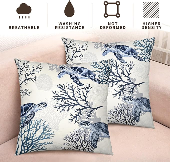 Nautical Coastal Outdoor Pillow Covers 18x18 Set of 2 Ocean Coral Sea Turtle Seashell Throw Pillow Covers Summer Beach Blue Decorative Cotton Linen Pillow Cases for Home Couch Sofa