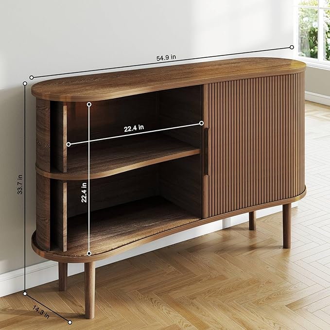 Mid-Century Modern Sideboard Buffet Cabinet, 55" Storage Cabinet with 4 cabinets, Decorative Fluted Sliding Doors for Bedroom Dining Room Small Space, Walnut Finish, Walnut