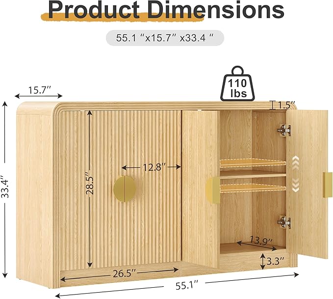 55" Buffet Sideboard Cabinet, Mid Century Modern Console Cabinet with Wavy Grain Doors & Adjustable Shelves for Kitchen Cabinets, Living Room, Entryway, Coffee Bar Cabinet (Natural Oak)