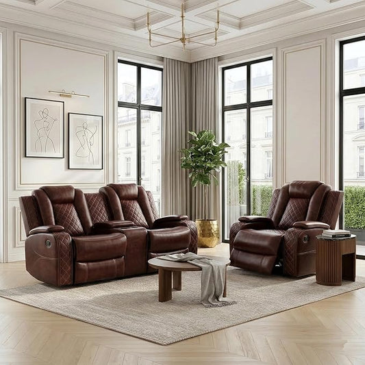 Power Recliner Loveseat and Chair, Air Leather Reclining Couch with LED/Cup Holders/Storage, 2 Pieces Reclining Living Room Furniture, Burgundy Leather Loveseat and Chair for House/Apartment/Office