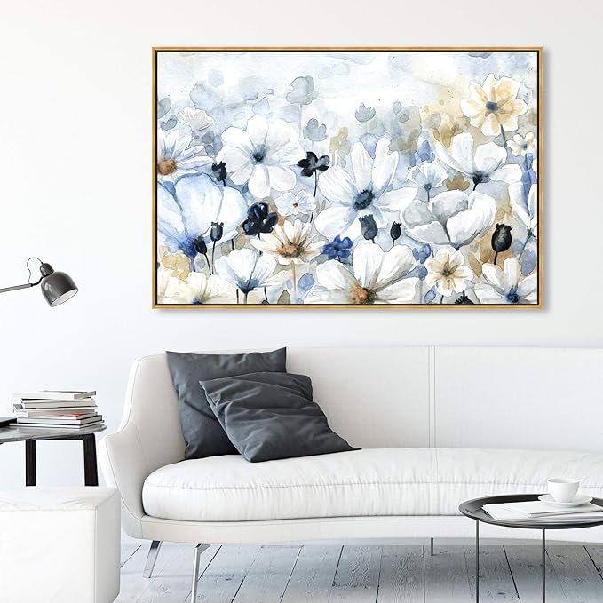 The Oliver Gal Artist Co. Floral and Botanical Wall Art Framed Canvas Prints 'Fields Flowers Home Décor, 54" x 36", Blue, White