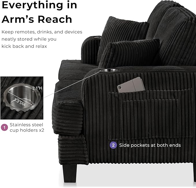 Homes: Inside + Out Reese Modern Plush Chenille Comfortable Loveseat with Side Pockets, Cup Holders and Pillows, Wooden Soft Couch for Living Room, Bedroom and Office, Beige