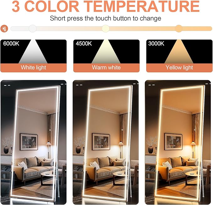 79" x 36" Full Length Mirror with Lights, LED Lighted Floor Standing Body Mirror, Dimmable & 3 Color Lighting for Bedroom, Cloakroom, Dressing Room, Tempered Glass, White Frame