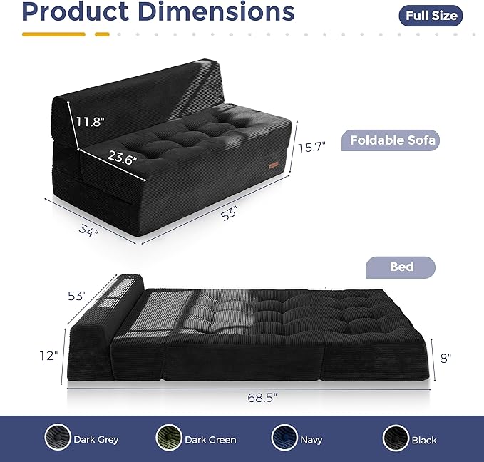 MAXYOYO 8" Folding Sofa Bed, Convertible Sleeper Sofa Lounger Foldable Mattress, Wedge Shape Floor Couch Tufted Fold Out Chair Bed Comfy Floor Couch Lounge for Living Room Bedroom, Loveseat, Black