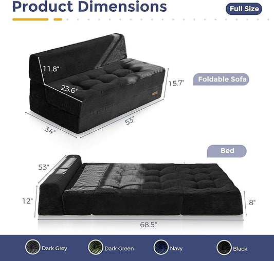 MAXYOYO 8" Folding Sofa Bed, Convertible Sleeper Sofa Lounger Foldable Mattress, Wedge Shape Floor Couch Tufted Fold Out Chair Bed Comfy Floor Couch Lounge for Living Room Bedroom, Loveseat, Black