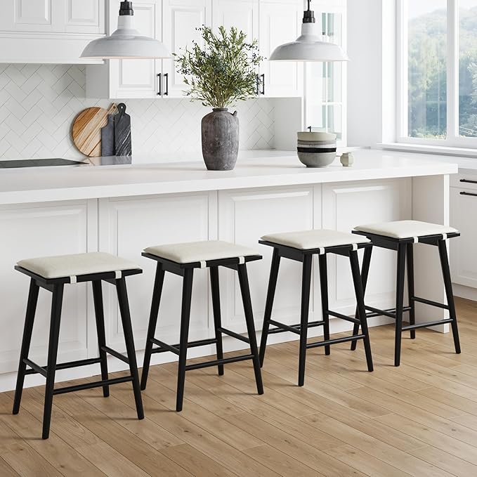 Nathan James Barker Counter Height Wood Barstool with Upholstered Cushion, Backless Island Stool for Kitchen, Black/White, Set of 4