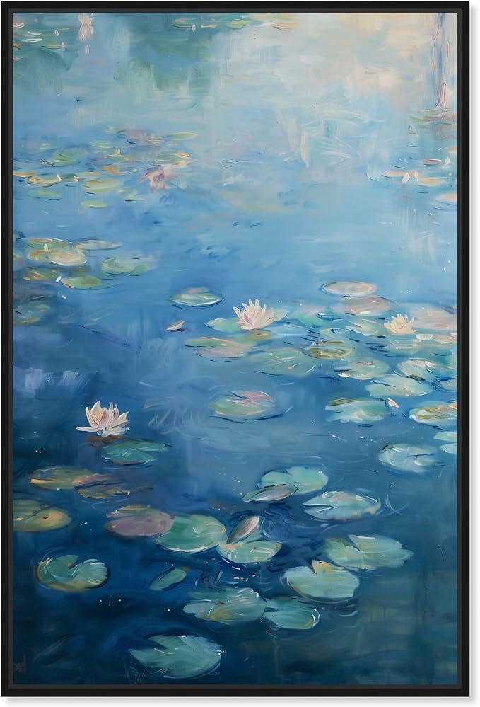 Art Remedy Lilypads In Blues Framed Impressionism 1 Piece Canvas Wall Art/Monet And Van Gogh Inspired Art, 31" x 46", Black Frame