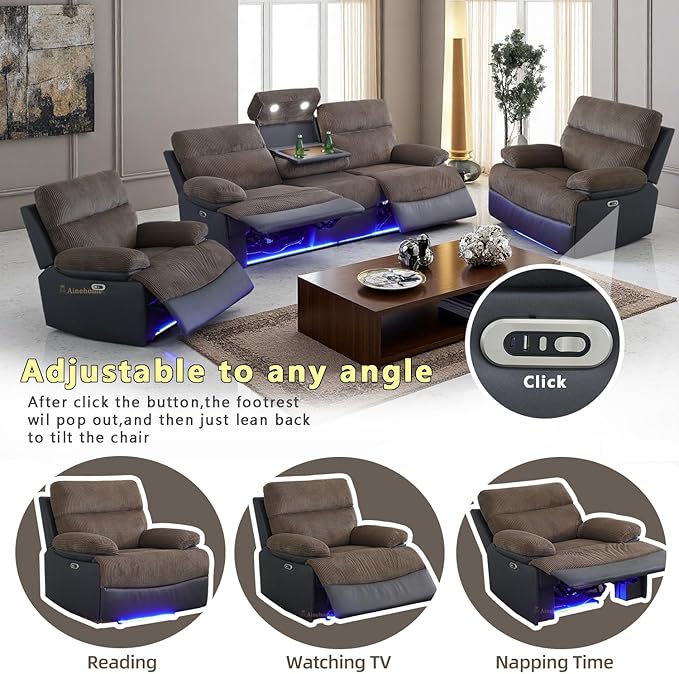 A Ainehome 3 Piece Power Recliner Sofa Set with LED, Power Reclining Sofa and Chair Set, Corduroy Couches Sectional Recliner Chair for Living Room with USB Port/Storage Console