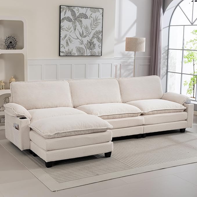 113" Convertible L Shaped Modular Sectional Sofa with Ottoman, Deep Seat Cloud Corner Couch with Layered Cushion, Corduroy Upholstered Sofa Couches w/Cupholders and Side Pockets | Wood Frame, Solid Legs
