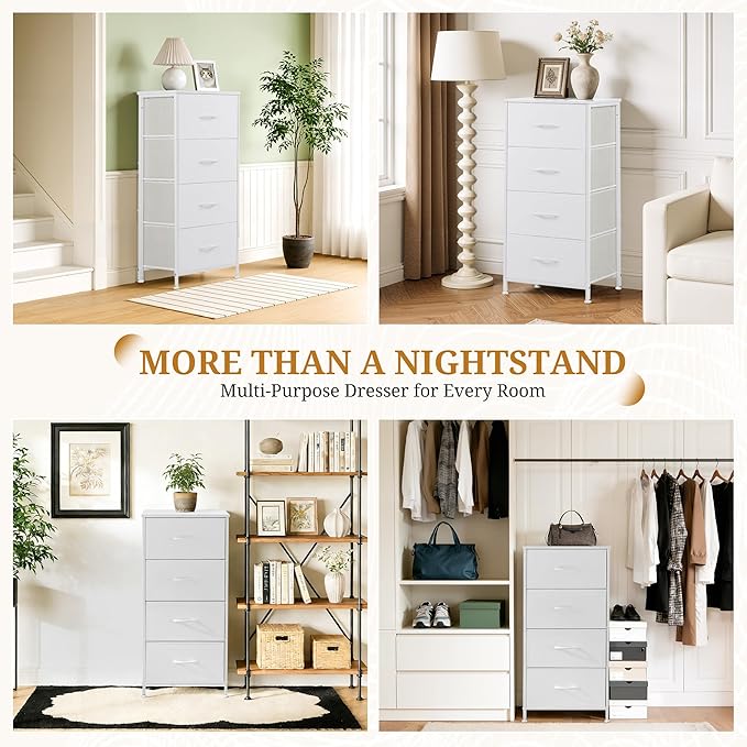 Nightstand with 4 Fabric Drawers, 37.4" H Tall Narrow Bedside Table with Wooden Top Steel Frame for Bedroom, Dorm, Closet, Living Room, White