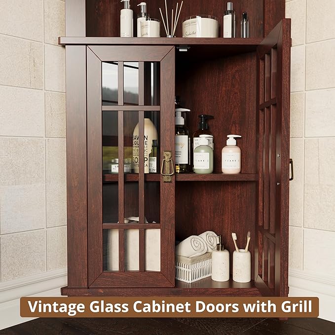 IRONCK 71.3'' Tall Corner Cabinet, Mid Century Storage Cabinet with Glass Doors & Adjustable Shelf, Bathroom Storage with 3 Open Shelf, Home Space Saver for Bathroom, Living Room, Red Walnut | Mid Century, Glass Doors, Adjustable Shelf, Bathroom Storag...