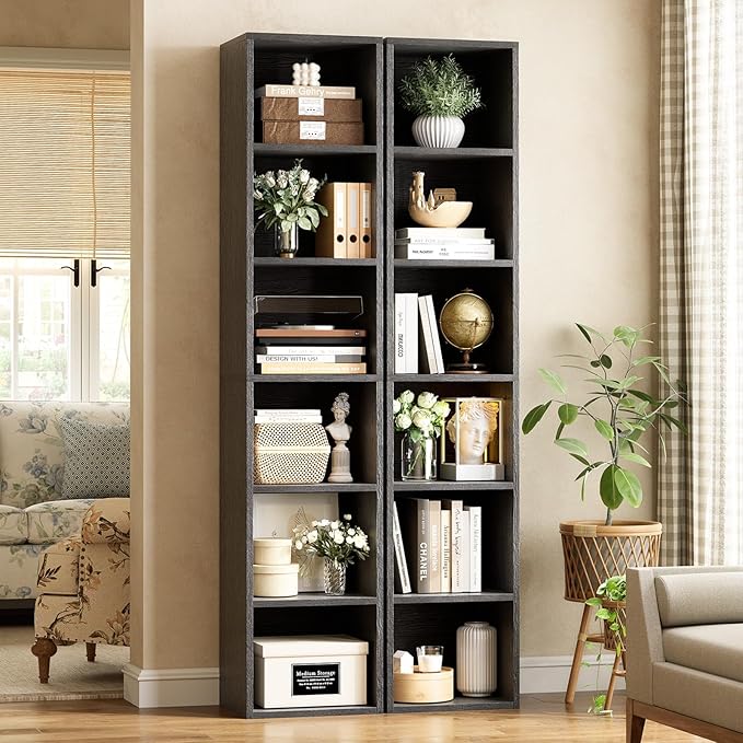 71.5" Tall Bookshelves and Bookcases Set of 2, 6 Tier Display Storage Shelves Home Decor Furniture for Home Office, Living Room, Bed Room (Black, 11.8" Narrow)