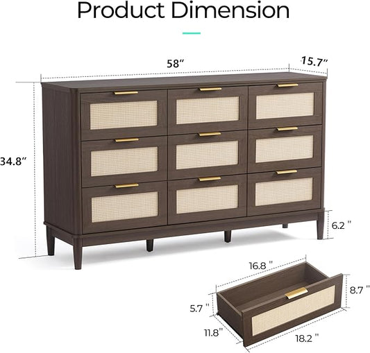 LINSY Rattan 9 Drawer Dresser for Bedroom, 58" Wide Mid-Century Modern Tall Chest of Drawers, Deep Storage Dresser with Curved Corner Design, Large Accent Wood Cabinet for Bedroom, Walnut