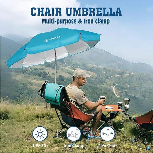 AMMSUN Chair Umbrella with Universal Clamp Adjustable 47 inches and 360° Swivel & UPF 50+ Protection Portable Sun Umbrella, Secure Clip on Camping/Beach Chairs, Stroller, Wheelchair, Golf cart, Lounger, Light Blue, Large-sized