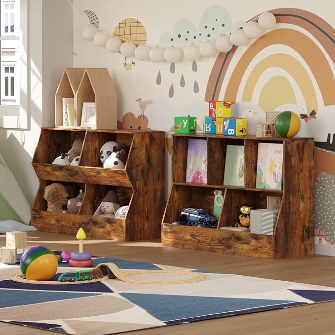 DINZI LVJ Toy Storage Organizer, Kids Bookshelf, Wood Toy Storage Cabinet, 5 Cubby Children Bookcase, 39.4" L Toddler Book Shelf for Playroom, Living Room, Nursery, Hallway, School, Rustic Brown