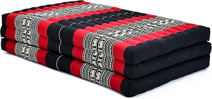 Leewadee Trifold Mattress XL – Comfortable Thai Massage Pad, Foldable Relaxation Floor Mattress Filled with Kapok, Perfect to Use as a Sleeping Mat 79 x 39 inches, Black Red