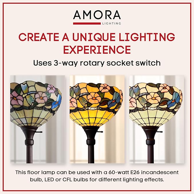 Amora Tiffany Floor Lamp - 70” Hummingbirds Floral Stained Glass Floor Lamp