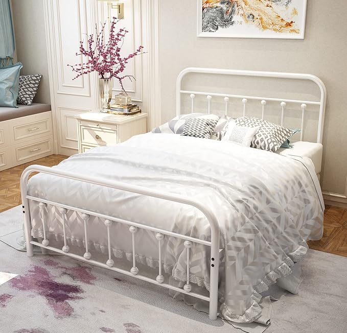 NEEBIRGELIA White Metal Bed Frame Full Size with Headboard and Footboard Single Platform Mattress Base,Metal Tube and Iron-Art Bed (Full, White)