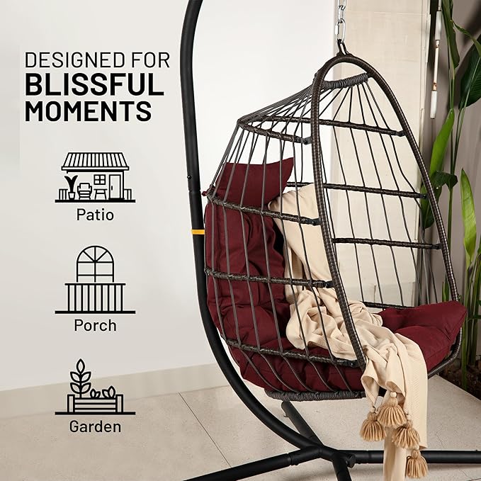 SereneLife Egg Chair with Stand – Hanging Rattan Wicker Swing for Indoor Outdoor Use – 350 lbs Capacity, Breathable Cushion & Headrest – Patio, Balcony, Porch, Bedroom Lounge Furniture