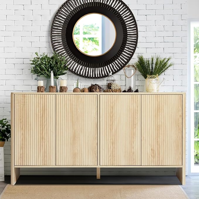 Modern Accent Buffet Cabinet with Adjustable Shelves, Storage Cabinet with 4 Doors, Modern Sideboard Buffet Cabinet, Freestanding Sideboard with Fluted Doors for Kitchen and Living Room (Black)