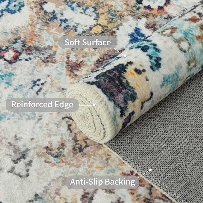 Easy-Going Round Area Rug 3ft Washable Boho Small Circle Rugs for Living Room Non-Slip Bedroom Rug Low Pile Lightweight Medallion Distressed Throw Rug for Dining Room Kitchen Office, Vintage Multi