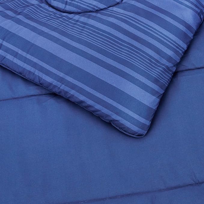 Amazon Basics Twin/Twin XL Comforter Set with Sheets, 5-Piece Blue Calvin Striped Bedding, Lightweight Microfiber Bed-in-a-Bag, Machine Washable
