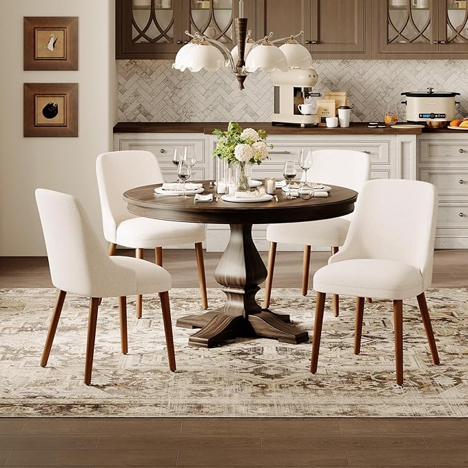 Dining Chairs Set of 6, Upholstered Dining Room Chair with Wood Legs, High-Back Padded Kitchen Chairs for Dining Room/Restaurant/Cafe, Beige