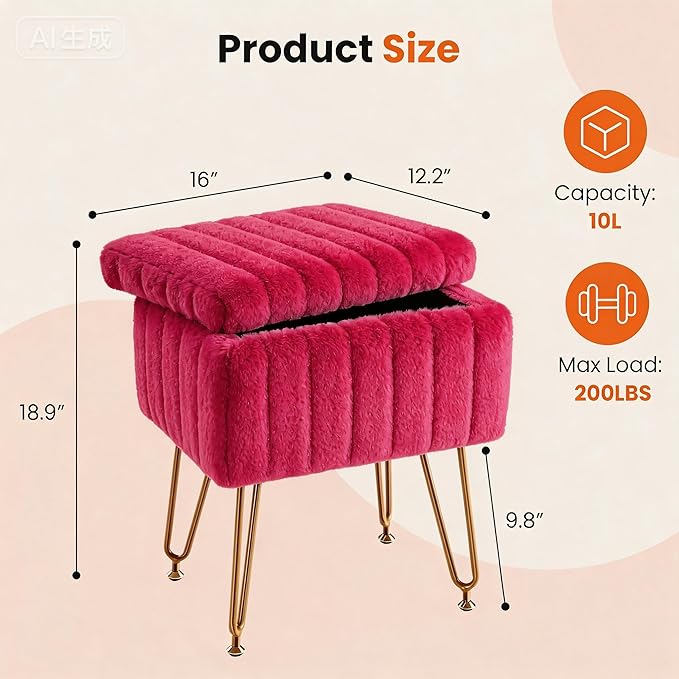 DUMOS Vanity Stool Chair, Ottoman with Storage, Makeup Cute Soft Small Footstool, Modern Style Faux Fur Seat with 4 Metal Legs & Adjustable Feet for Dressing, Living Room, Bedroom, Dorm, Red