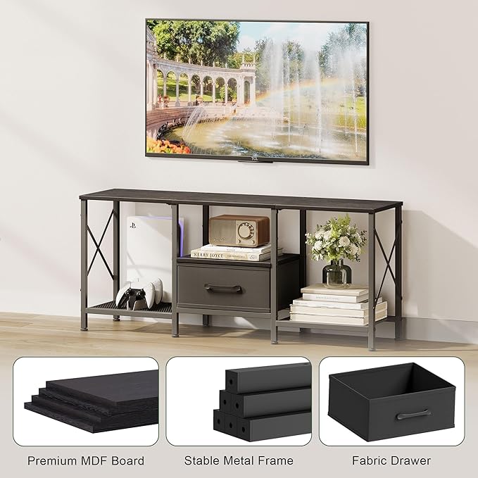 TV Stand with Fabric Drawer, Entertainment Center for 50 55 Inch TV, Industrial TV Console Table with Open Storage Shelves for Living Room, Bedroom, Black