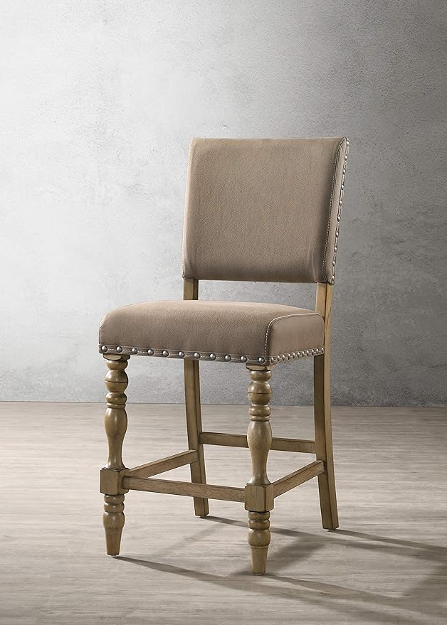Roundhill Furniture Birmingham 7-Piece Driftwood Finish Table with Nail Head Chairs Counter Height Dining Set