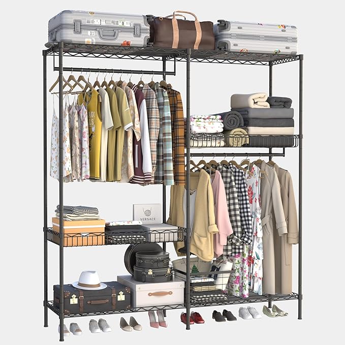 70 inch Heavy Duty Portable Closet Rack with Baskets, Steel Armoire Closet System, Clothing Organizer for Bedroom