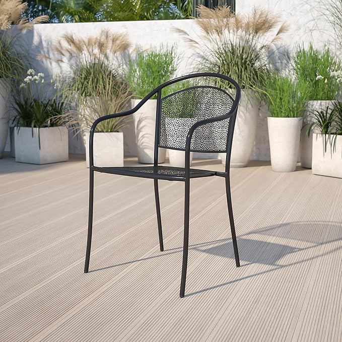 Flash Furniture Commercial Grade Black Indoor-Outdoor Steel Patio Arm Chair with Round Back