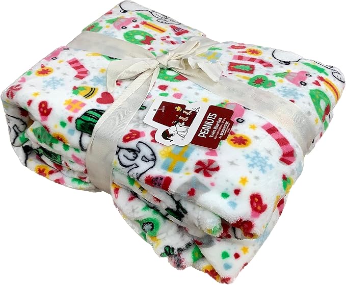 Berkshire Blanket & Home Co Peanuts Winter Blanket, Polyester (White - Green Hat, Wreaths, Pink Stockings, Pink Cars, Full/Queen)