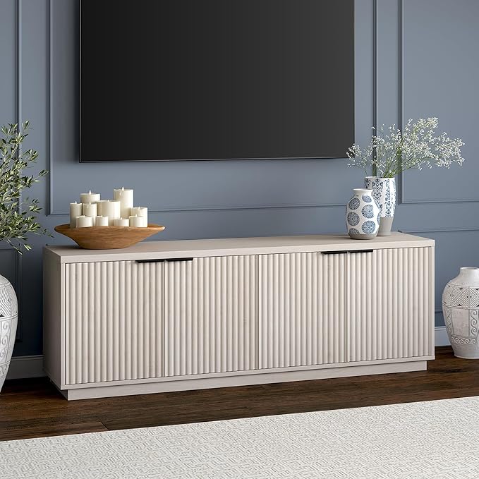 Henn&Hart Fluted TV Stand for TVs up to 78" with 2 Ribbed Storage Cabinets and Adjustable Shelves for Living Room, Family Room, or Office, Beech White