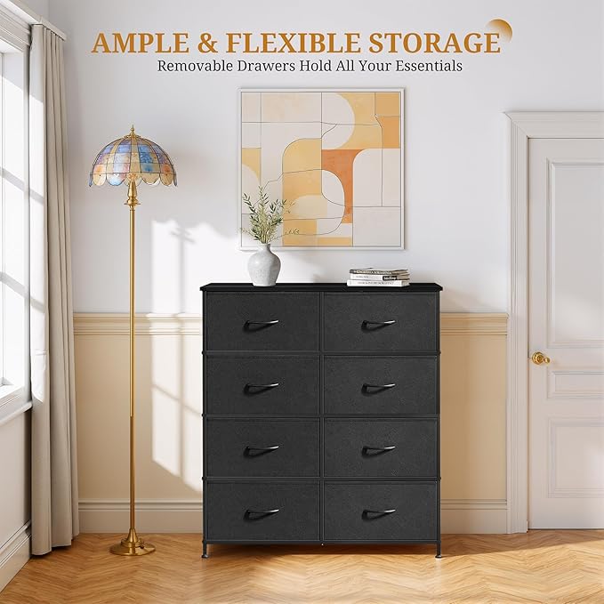 8-Drawer Fabric Dresser, Chest of Drawers Clothes Cabinet for Closet & Bedroom, Storage Organizer with Steel Frame for Entryway, Dorm, Living Room, Black