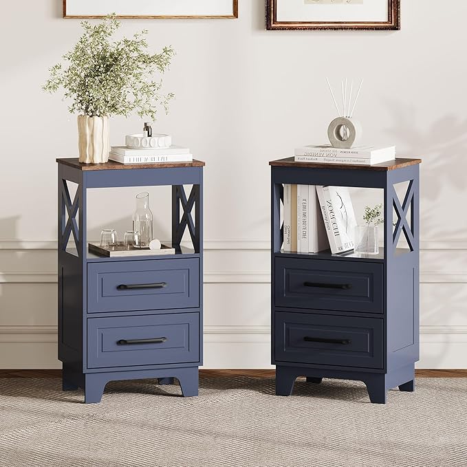 Tall Nightstand Set of 2 Side Table with 2 Drawers Modern Night Stand Wooden Rustic End Table Bedside Table with Upper Open Shelf Solid Feet for Bedroom Navy Blue+Walnut
