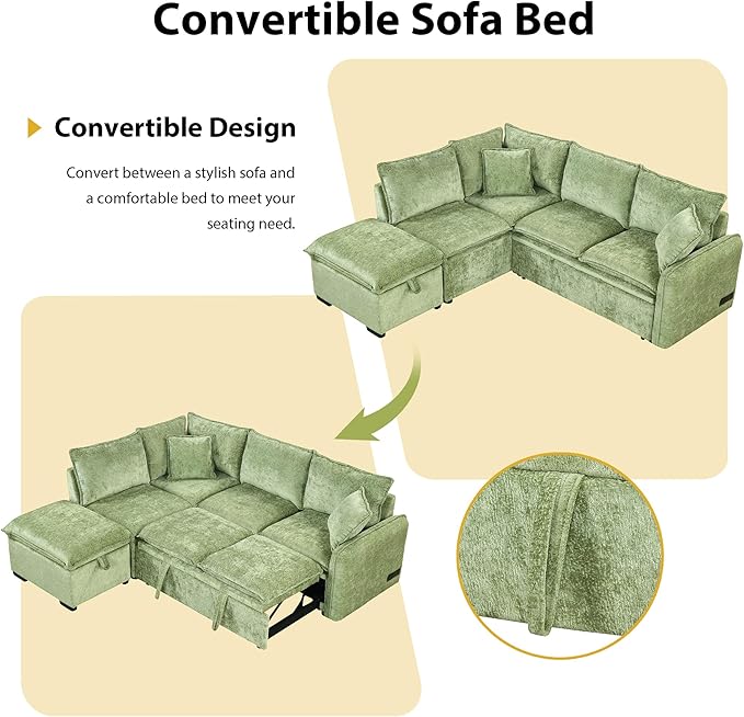 ERYE 82.5-Inch Left Facing Corner Sleeper Sectional Sofa Bed for Living Room Office,L-Shaped Chenille Upholstered Convertible Pull Out Sleeper Couch Bed W/Storage Ottoman | USB-C Ports