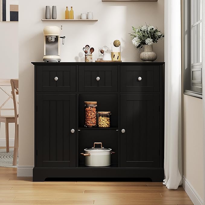 ChooChoo Buffet Cabinet, Coffee Bar with Drawers and Doors, Sideboard Storage with Shelves for Kitchen, Dining Room, Living Room, Black