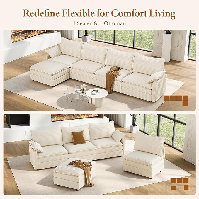 Vesgantti 142" Cloud Couch Sectional Modular Sofa, Comfy Sectional Couch with Ottoman Deep Seat Corduroy L Shaped Sofa, Modular Couches for Living Room, Bedroom and Apartment, Beige | Sink-in Comfort, Height Adjustable, Easy Rearrangement, Extra-deep O...